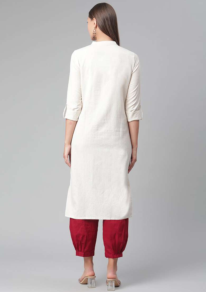 Beige Solid Cotton Punjabi Suit - Indya