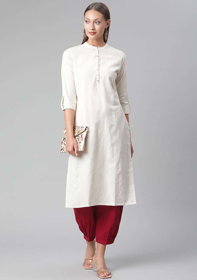 Beige Solid Cotton Punjabi Suit - Indya