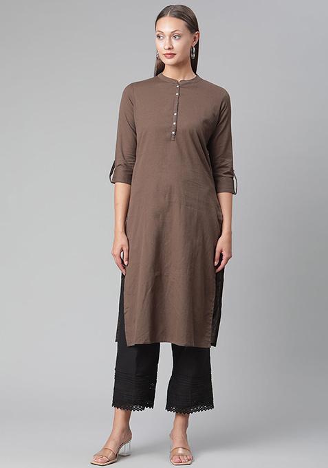 Brown Solid Cotton Kurta