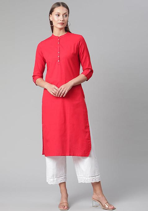 Red Solid Cotton Kurta