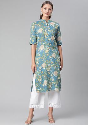Teal Blue Floral Print Cotton Kurta