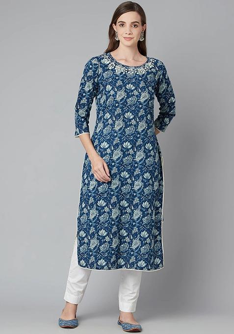 Blue Floral Print Cotton Kurta