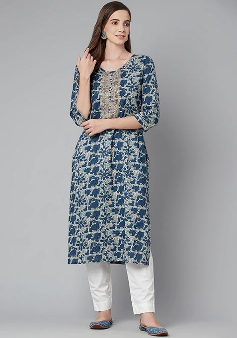 Blue Embroidered Cotton Straight Kurta Set