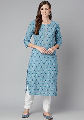 Blue Floral Print Cotton Kurta
