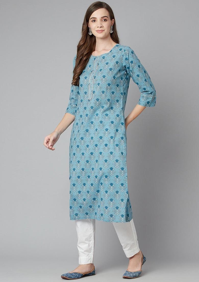 Blue Floral Print Cotton Kurta