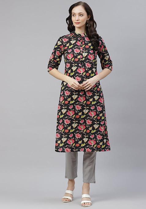 Black Floral Print Cotton Kurta