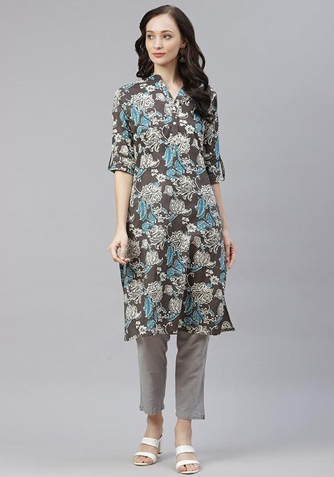 Brown Floral Print Cotton Straight Kurta Set