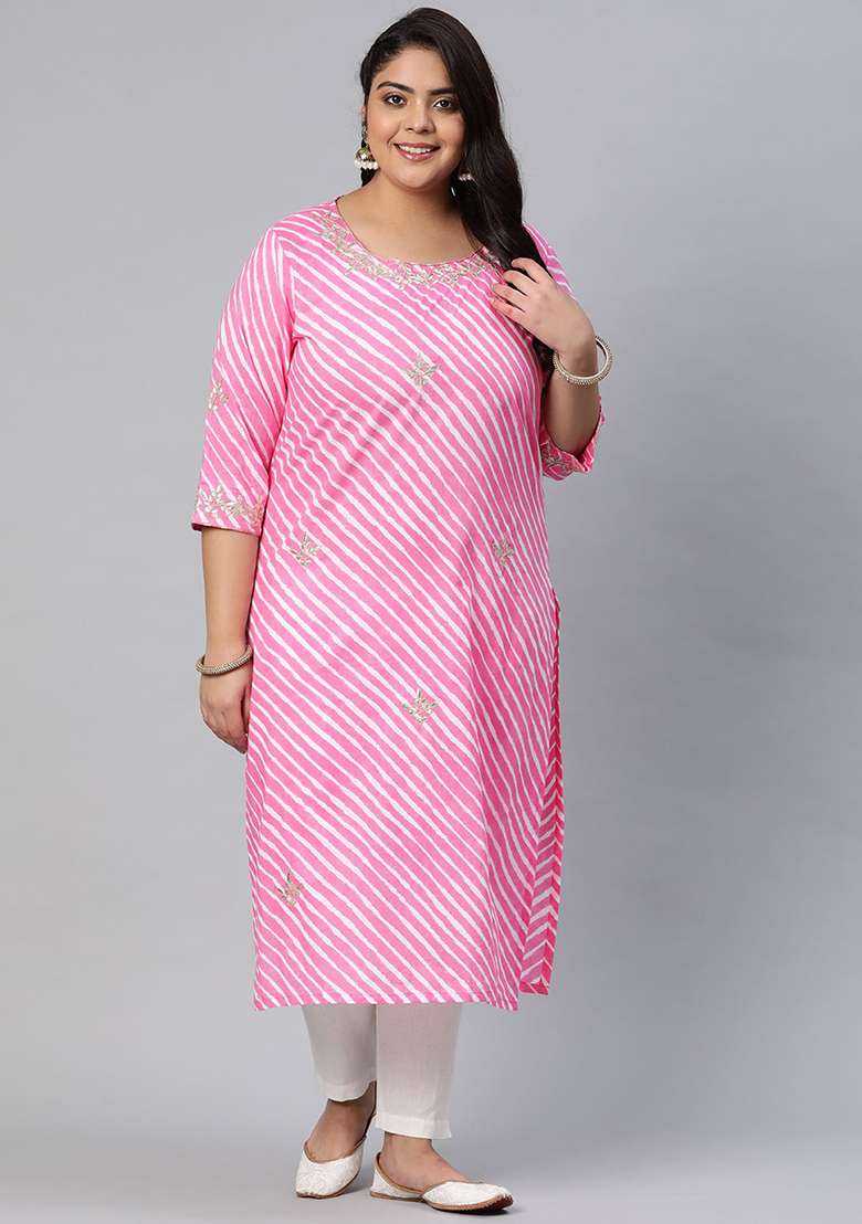 Pink Striped Cotton Kurta - Indya