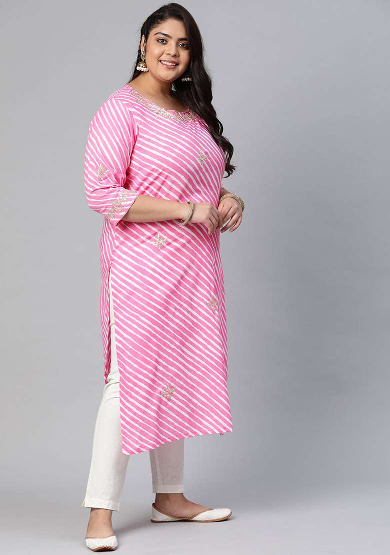 Pink Striped Cotton Kurta - Indya