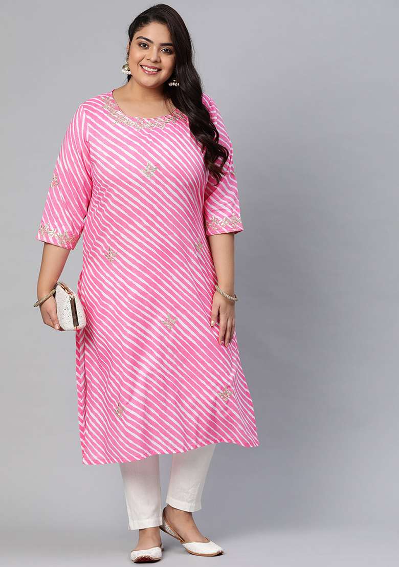 Pink Striped Cotton Kurta - Indya