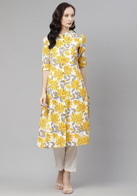 Yellow Floral Print Cotton Kurta