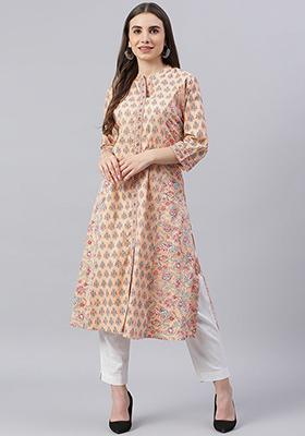 Peach Printed Cotton Kurta