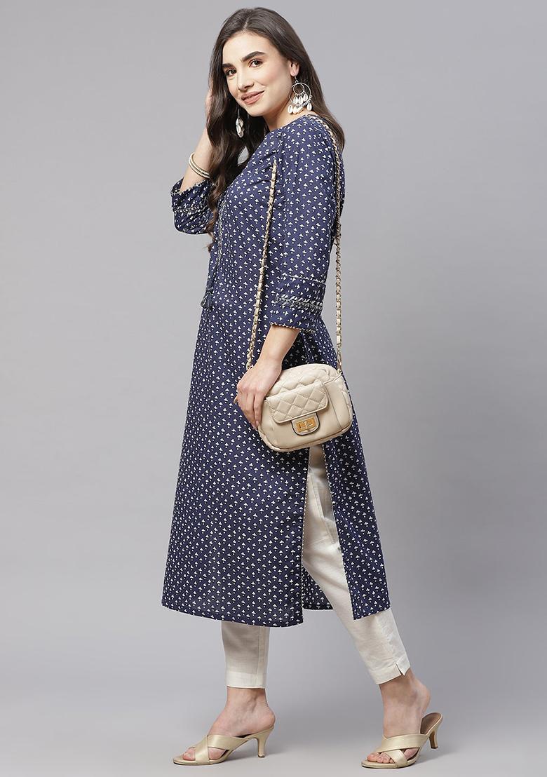 Indigo Blue Gota Patti Work  Cotton Kurta - Indya