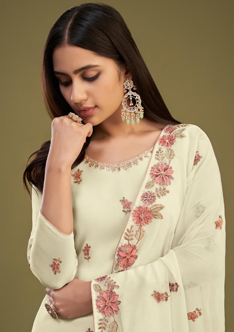 Yellow Embroidered Georgette Kurta Set