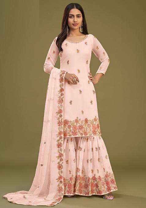 Peach Embroidered Georgette Kurta Set