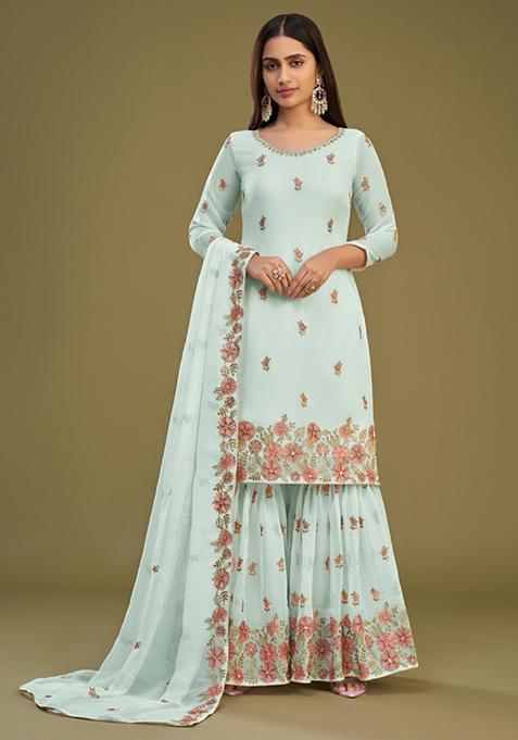 Light Blue Embroidered Georgette Kurta Set