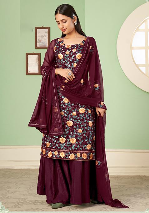 Maroon Embroidered Georgette Kurta Set