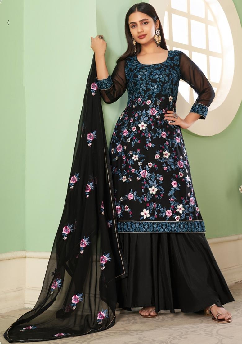 Black Embroidered Georgette Kurta Set - Indya