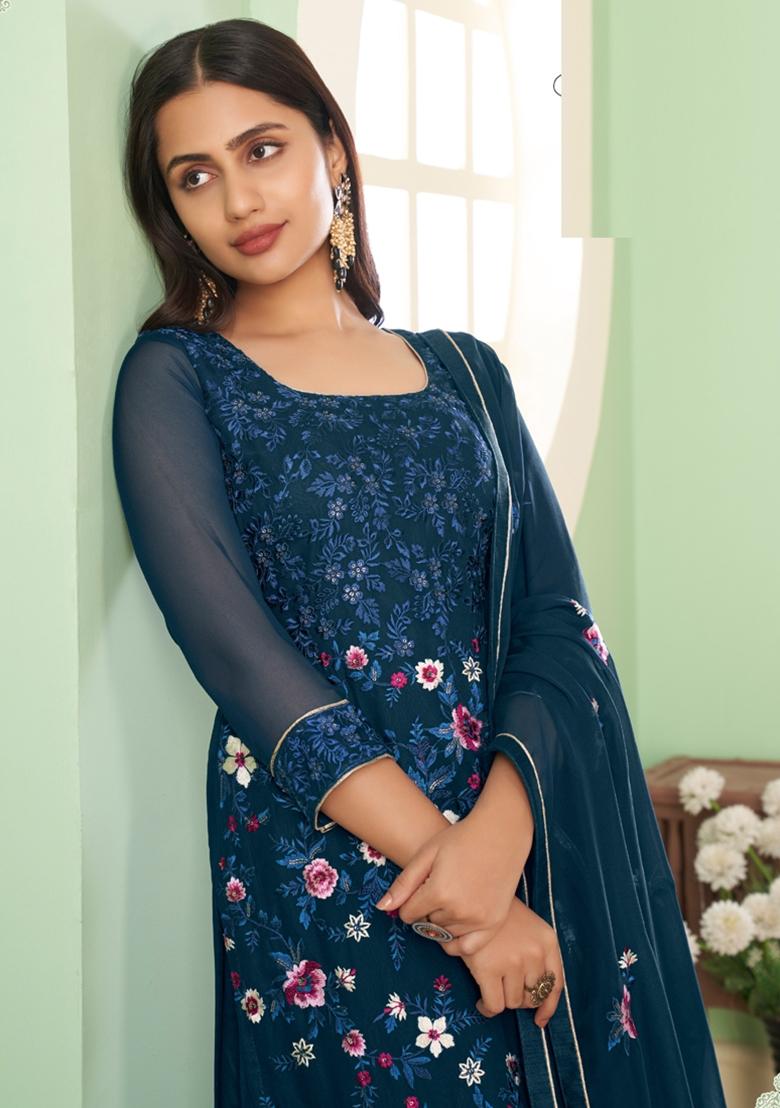 Blue Embroidered Georgette Kurta Set - Indya
