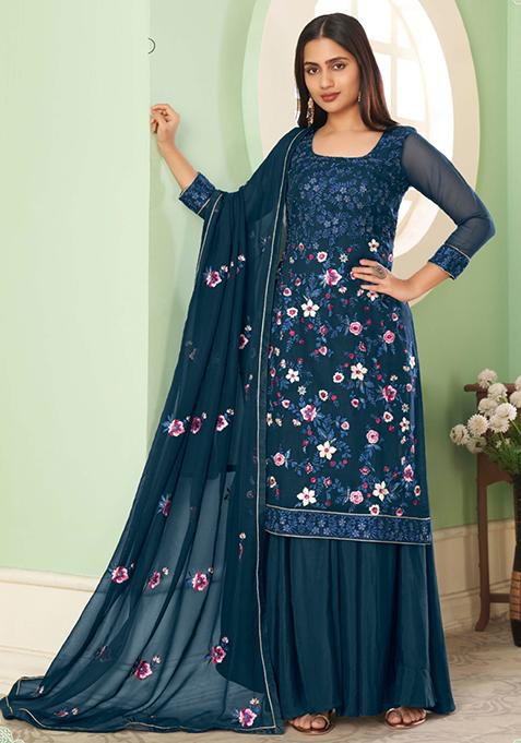 Blue Embroidered Georgette Kurta Set