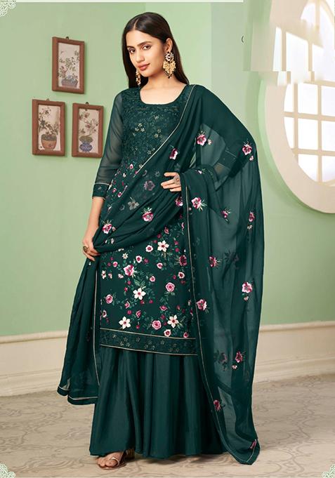 Green Embroidered Georgette Kurta Set