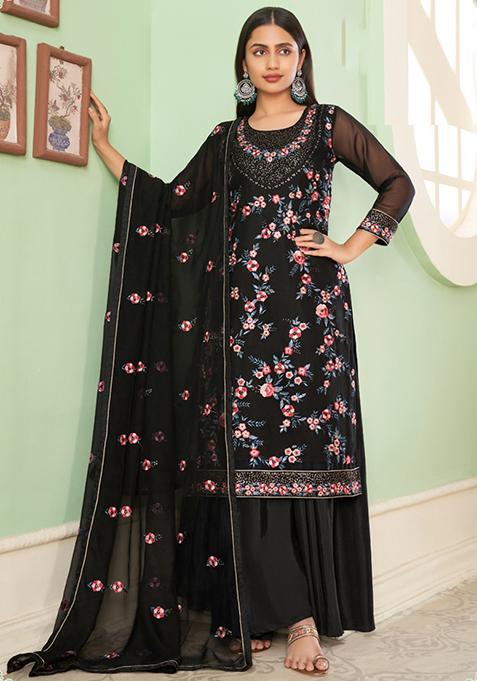 Black Embroidered Georgette Kurta Set