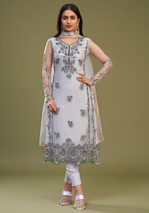 Lavender Thread Embroidered Net Kurta Set