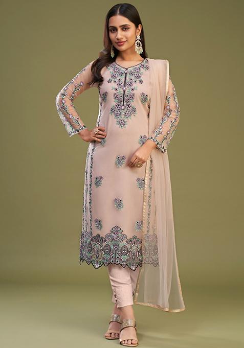 Peach Thread Embroidered Net Kurta Set