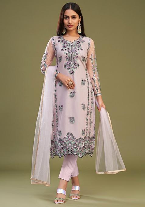 Pink Thread Embroidered Net Kurta Set