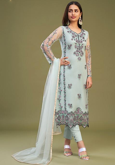 Sky Blue Thread Embroidered Net Kurta Set