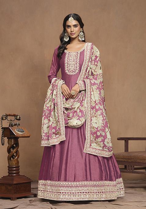 Pink Resham Embroidered Art Silk Anarkali Kurta