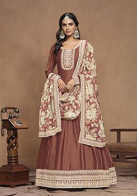 Brown Resham Embroidered Art Silk Anarkali Kurta