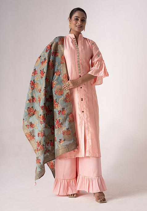 Pink Resham Embroidered Art Silk Kurta Set