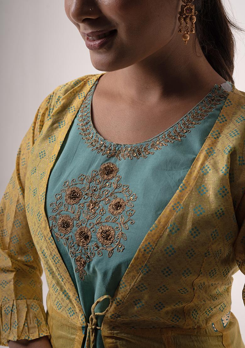Mustard Resham Embroidered Art Silk Kurta With Jacket - Indya