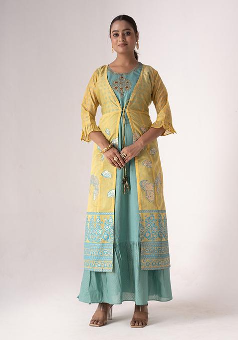 Mustard Resham Embroidered Art Silk Kurta With Jacket