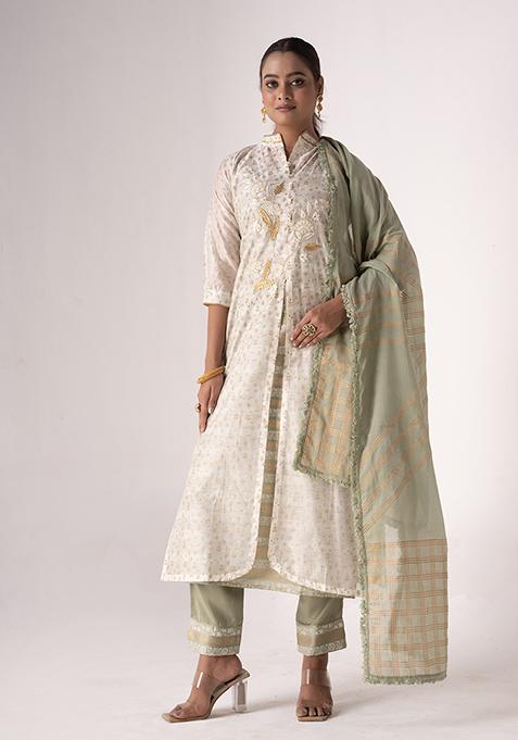 Off White Resham Embroidered Art Silk Kurta Set