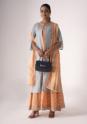 Grey Resham Embroidered Art Silk Jacket Set