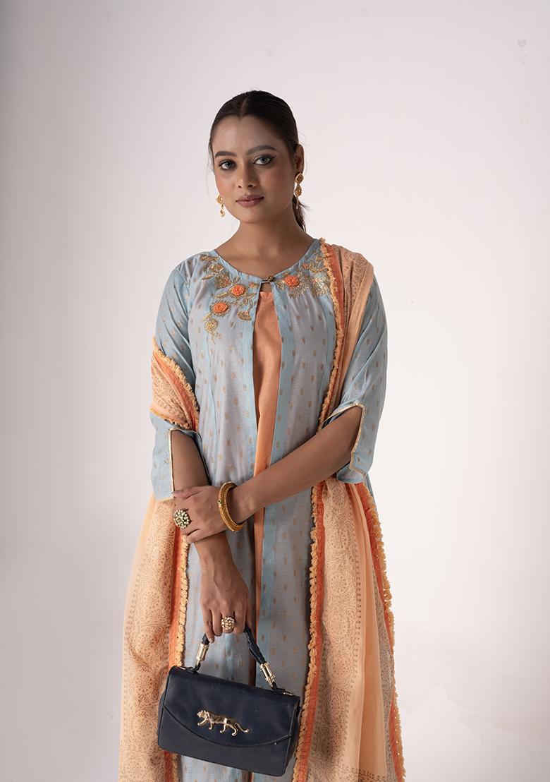 Grey Resham Embroidered Art Silk Jacket Set - Indya