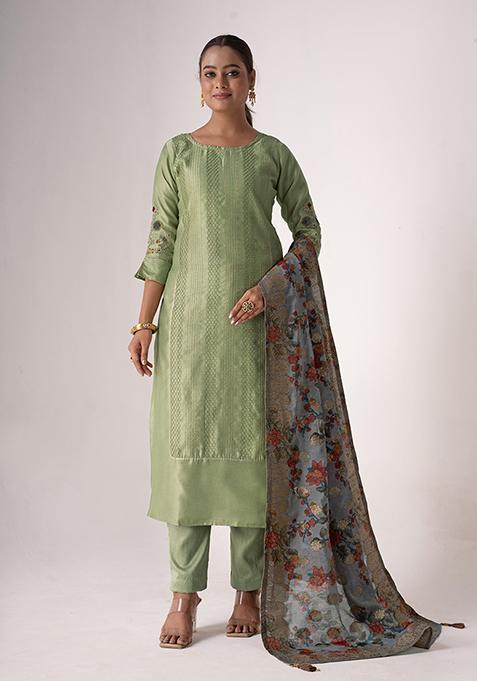 Green Resham Embroidered Art Silk Kurta Set