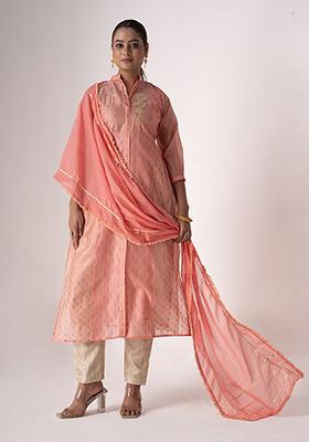 Pink Resham Embroidered Art Silk Kurta Set