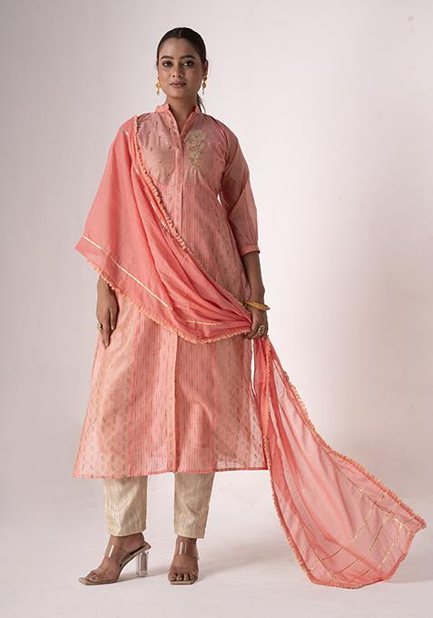 Pink Resham Embroidered Art Silk Kurta Set