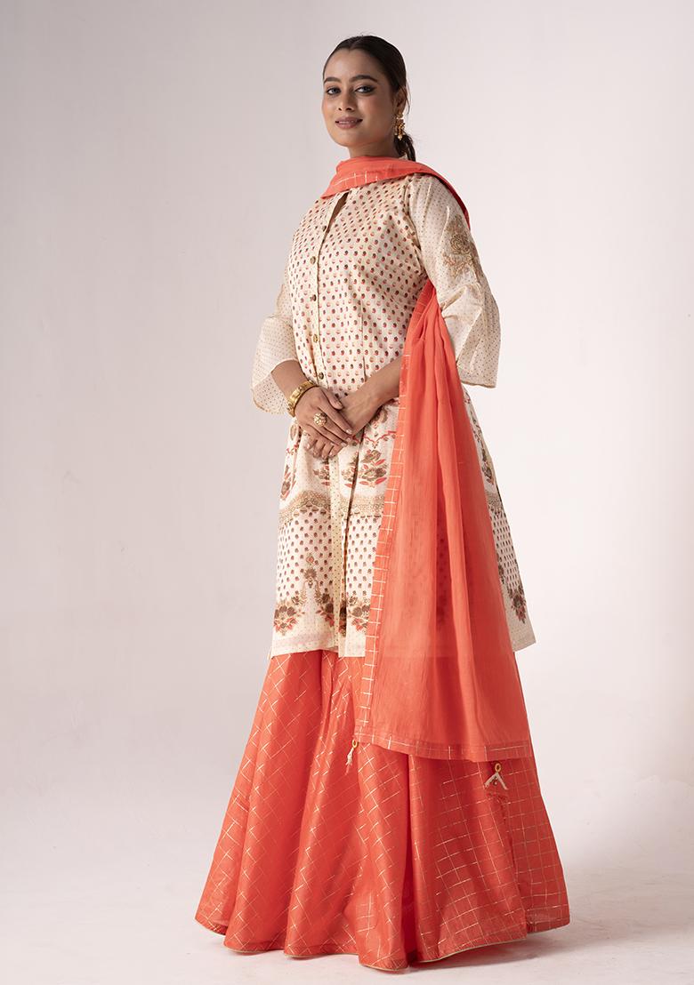 Cream Resham Embroidered Art Silk Kurta Set