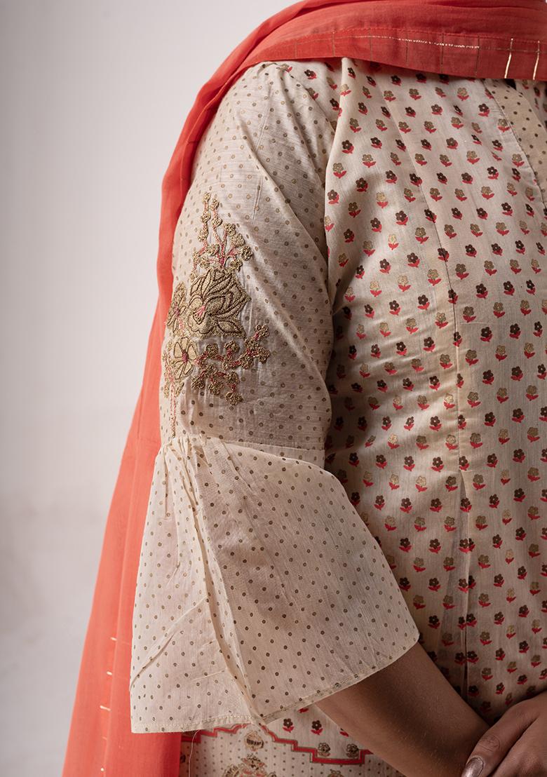 Cream Resham Embroidered Art Silk Kurta Set