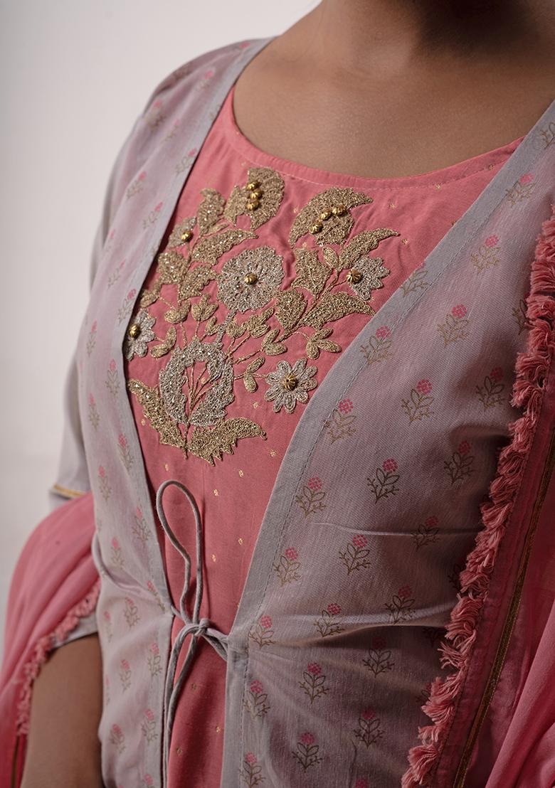 Grey Resham Embroidered Art Silk Jacket Set - Indya