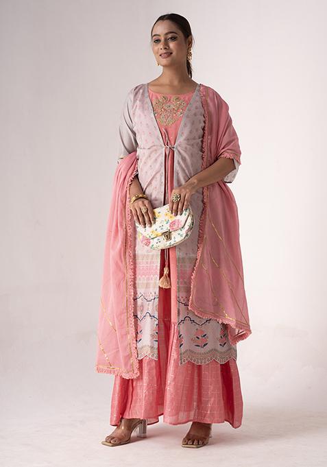 Grey Resham Embroidered Art Silk Jacket Set