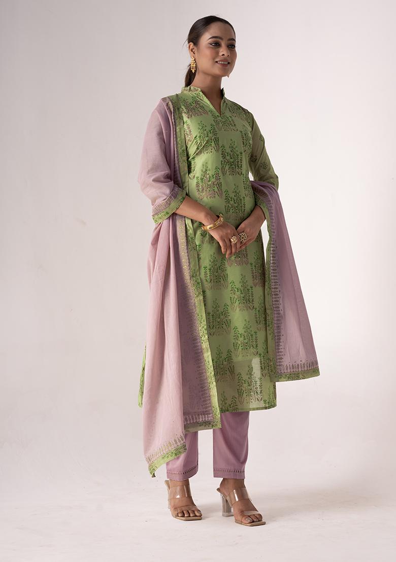 Green Resham Embroidered Art Silk Kurta Set