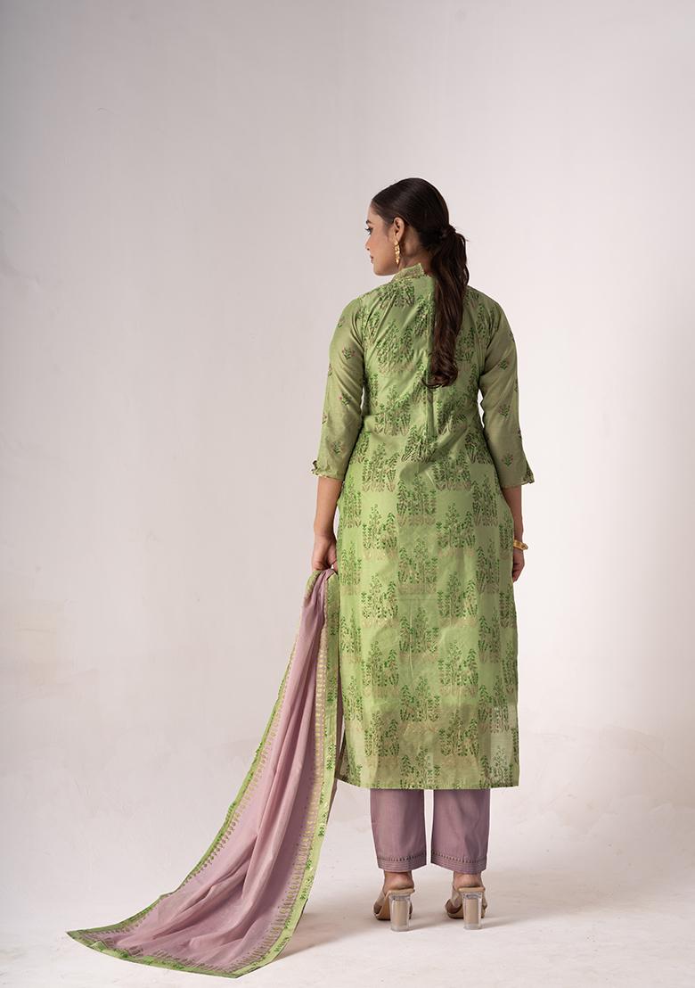 Green Resham Embroidered Art Silk Kurta Set
