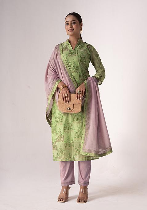 Green Resham Embroidered Art Silk Kurta Set