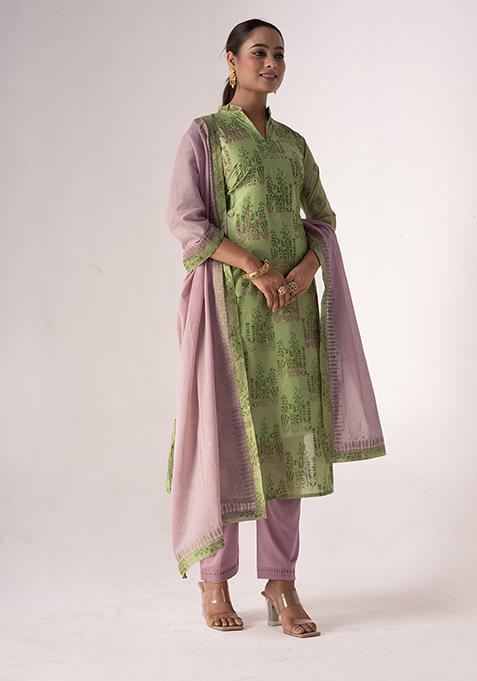 Green Resham Embroidered Art Silk Kurta Set