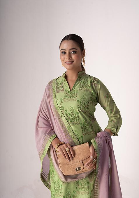 Green Resham Embroidered Art Silk Kurta Set